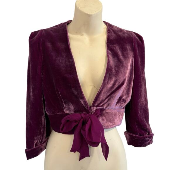 French Connection Y2K 17% Silk Tie Front Shrug Jacket Plum Purple Velvet Regency - Picture 1 of 8
